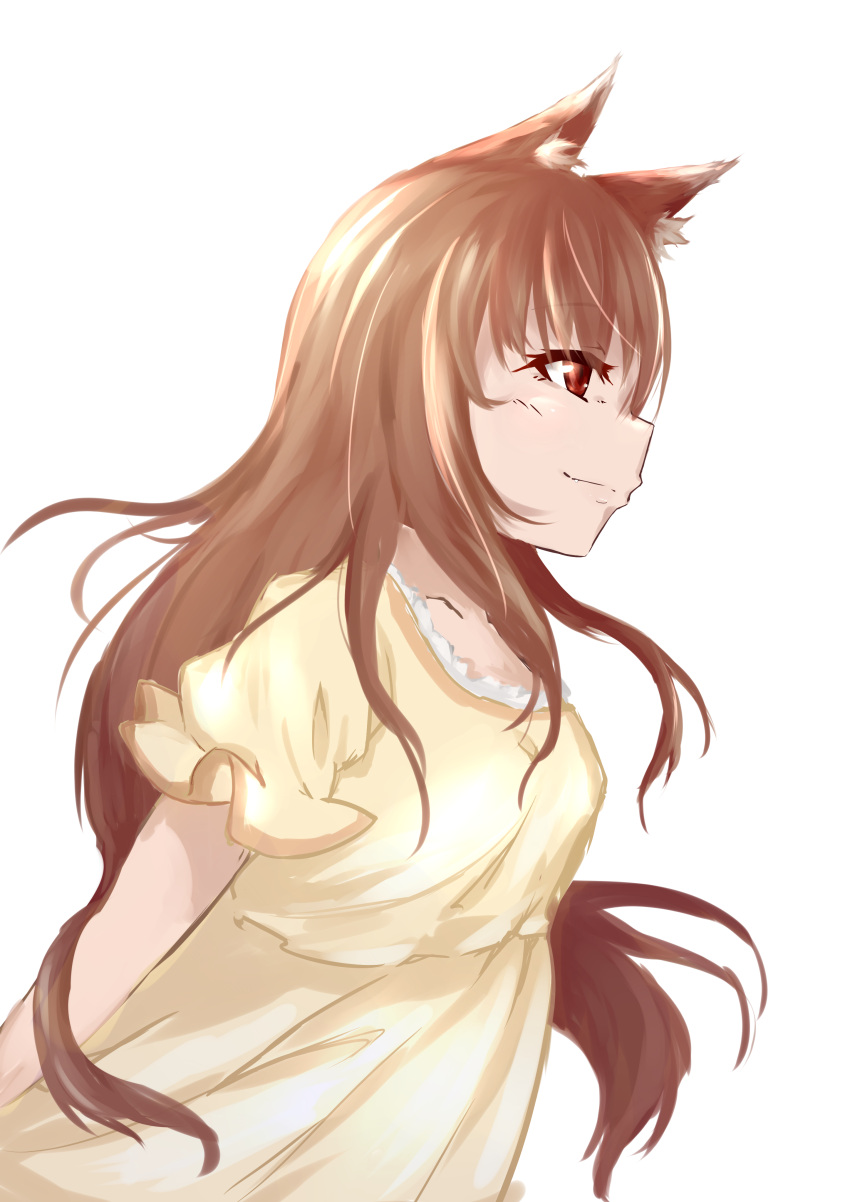 1girl absurdres animal_ears brown_hair collarbone commentary_request dress frills highres holo horkew. long_hair profile red_eyes short_sleeves simple_background solo spice_and_wolf white_background wolf_ears yellow_dress