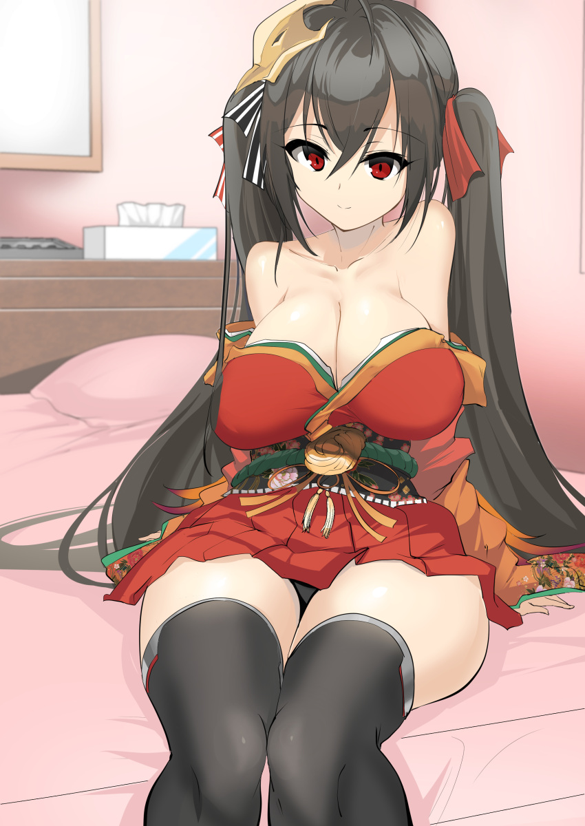 1girl absurdres ahoge arm_support azur_lane bangs bare_shoulders bed bed_sheet black_hair black_legwear blush breasts cleavage closed_mouth collarbone dress eyebrows_visible_through_hair hair_between_eyes hair_ornament hair_ribbon highres indoors japanese_clothes large_breasts leaning_back light_smile long_hair looking_at_viewer momio on_bed pillow red_dress red_eyes red_ribbon ribbon sitting solo taihou_(azur_lane) thigh-highs thighs tied_hair tissue_box twintails wide_sleeves window