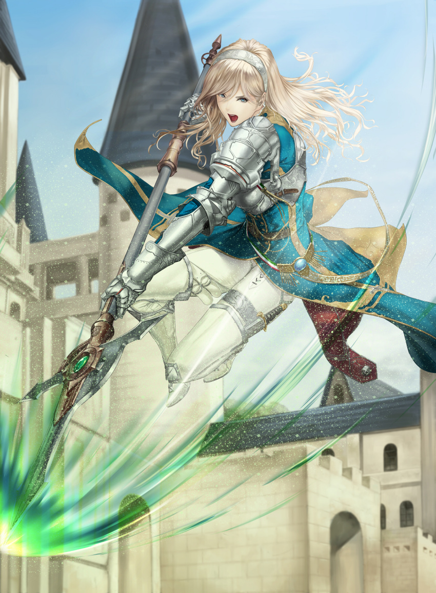 absurdres armor blonde_hair blue_eyes boots breasts cowter dagger energy fantasy formal gauntlets hairband highres large_breasts looking_at_viewer open_mouth original outdoors pantyhose pauldrons polearm shisshou_senkoku suit thigh-highs thigh_boots weapon