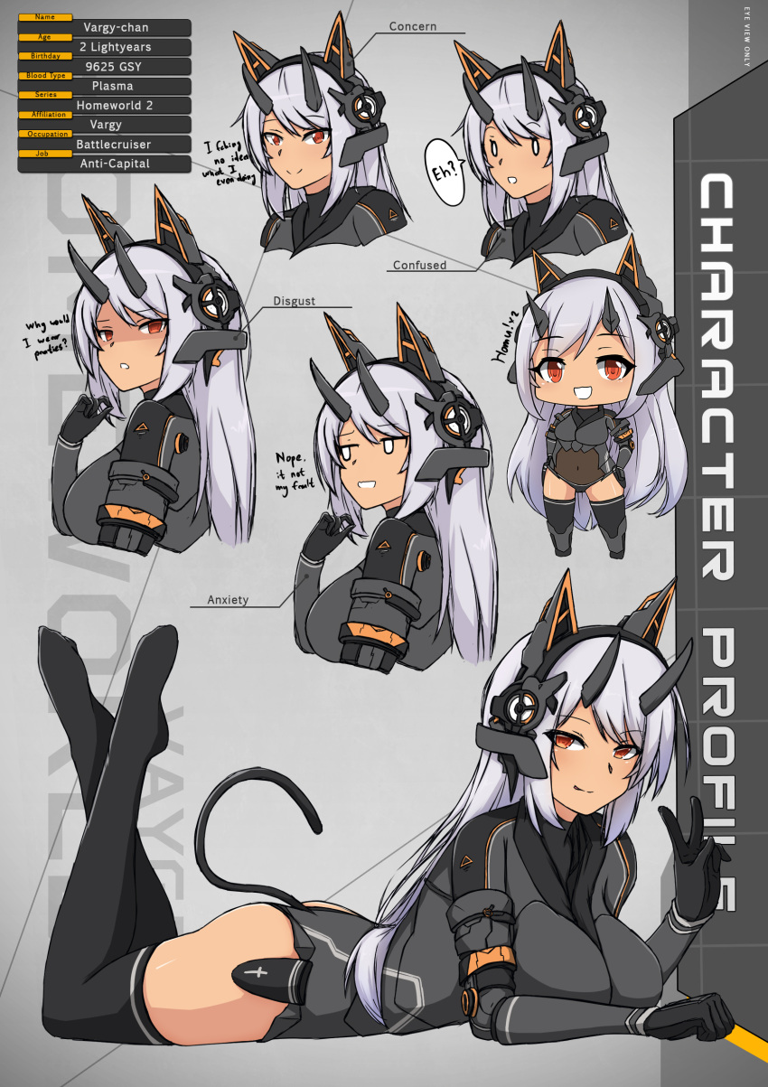 1girl animal_ears bangs black_legwear cat_ears cat_tail character_sheet commentary detail english_commentary headgear high_heels highres homeworld homeworld_2 horns long_hair mechanical_ears mechanical_parts multiple_views orange_eyes personification red_eyes solo tail thigh-highs very_long_hair white_hair xandier59