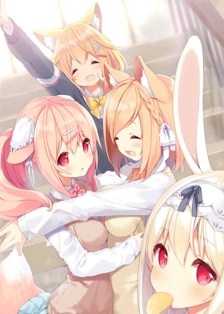 4girls ^_^ alternate_hairstyle amamiya_aki amamiya_mei animal_ear_fluff animal_ears arm_up arms_around_neck bangs blonde_hair blurry blurry_background bow braid chips closed_eyes closed_eyes cynthia_riddle dutch_angle ears_down eyebrows_visible_through_hair food fox_ears fox_tail hair_between_eyes hair_ornament hair_ribbon hairclip highres jacket long_sleeves looking_at_viewer milia_leclerc mouth_hold multiple_girls open_mouth original p19 pink_hair pleated_skirt ponytail rabbit_ears red_eyes ribbon school school_uniform shirt short_hair skirt smile stairs steepled_fingers swept_bangs tail vest white_hair white_shirt x_hair_ornament