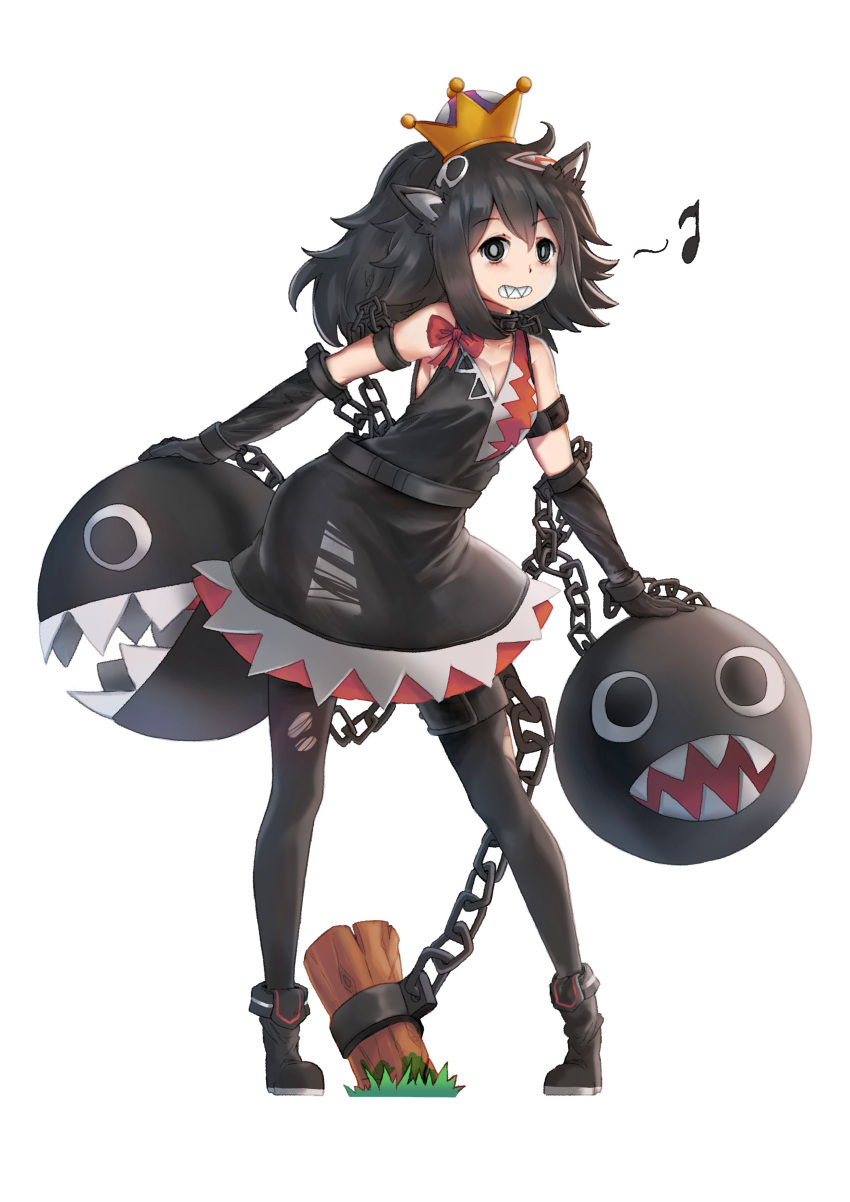 1girl absurdres black_dress black_eyes black_footwear black_gloves black_hair black_legwear blush boots bow breasts chain_chomp chains cleavage collarbone cuffs dress elbow_gloves eyebrows_visible_through_hair full_body gloves highres large_breasts long_hair looking_at_viewer super_mario_bros. musical_note new_super_mario_bros._u_deluxe nintendo pantyhose parted_lips persocon93 ponytail princess_chain_chomp red_bow shackles sharp_teeth smile solo stake standing super_crown teeth torn_clothes torn_pantyhose