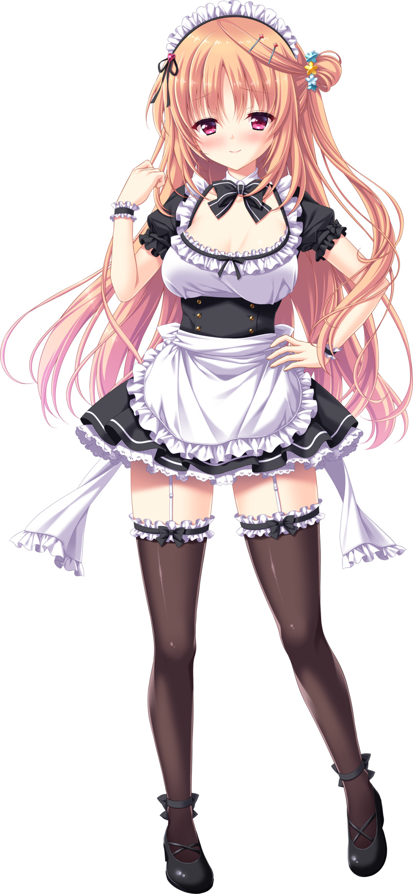 1girl absurdres apron black_footwear black_legwear blush boku_to_kanojo_no_gohoushi_dousei eyebrows_visible_through_hair full_body garter_straps hair_ornament hairclip half_updo hand_on_hip highres kashima_shino long_hair maid maid_headdress official_art pink_hair red_eyes sakura_neko short_sleeves smile solo thigh-highs transparent_background waist_apron wrist_cuffs