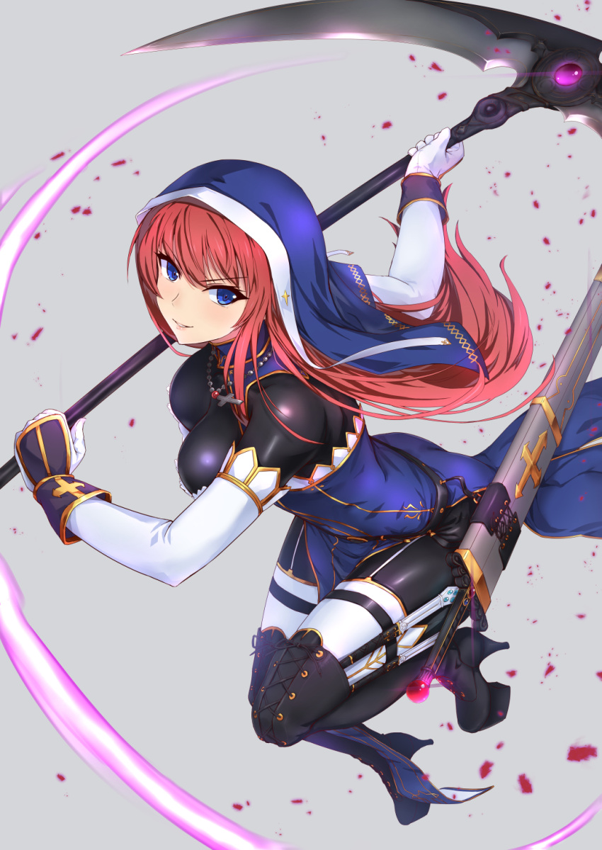 1girl bangs blue_eyes blush breasts eyebrows_visible_through_hair floating_hair full_body grey_background hair_between_eyes high_heels highres holding holding_weapon large_breasts long_hair looking_at_viewer nun original parted_lips redhead simple_background smile solo tori@gununu weapon