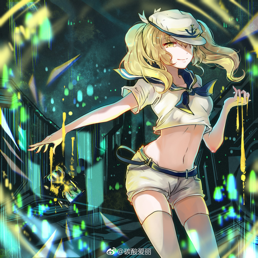 1girl aili_(aliceandoz) anchor_symbol bangs belt blonde_hair blue_neckwear breasts chinese_commentary commentary_request cowboy_shot crop_top eyebrows_visible_through_hair groin hair_between_eyes hair_over_one_eye hand_up hat highres hourglass kitashirakawa_chiyuri light_particles long_hair looking_at_viewer medium_breasts midriff navel neckerchief peaked_cap sailor_collar sailor_hat sailor_shirt sand shirt short_shorts short_sleeves shorts skindentation smile solo standing stomach thigh-highs thighs touhou touhou_(pc-98) twintails weibo_logo weibo_username white_hat white_shirt white_shorts yellow_eyes