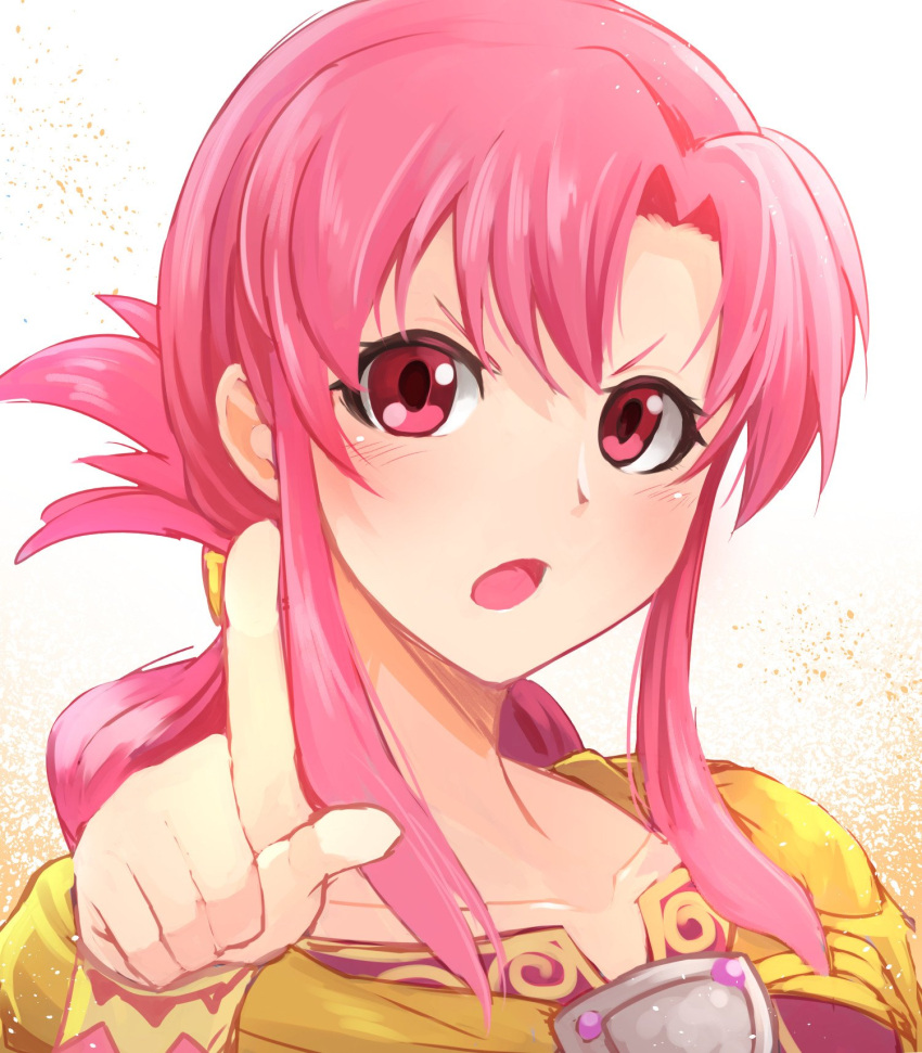 1girl ethlin_(fire_emblem) fire_emblem fire_emblem:_seisen_no_keifu highres long_hair nakabayashi_zun nintendo open_mouth pink_eyes pink_hair pointing sidelocks simple_background solo white_background