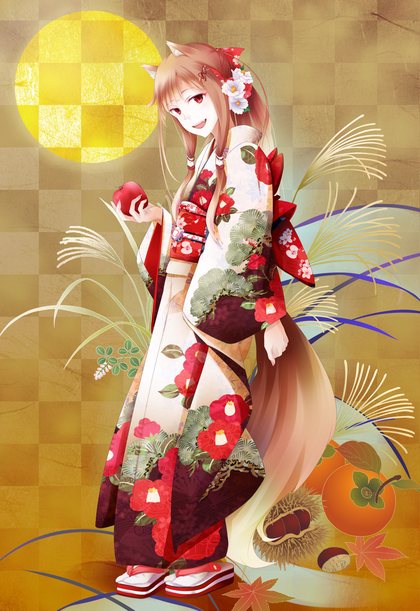 1girl absurdres animal_ears brown_hair checkered checkered_background commentary_request eyebrows_visible_through_hair floral_print flower food fruit fudo_shin hair_flower hair_ornament highres holding holding_fruit holo japanese_clothes kimono long_hair looking_at_viewer obi open_mouth ponytail red_eyes sash solo spice_and_wolf standing tabi tail wheat wolf_ears wolf_tail