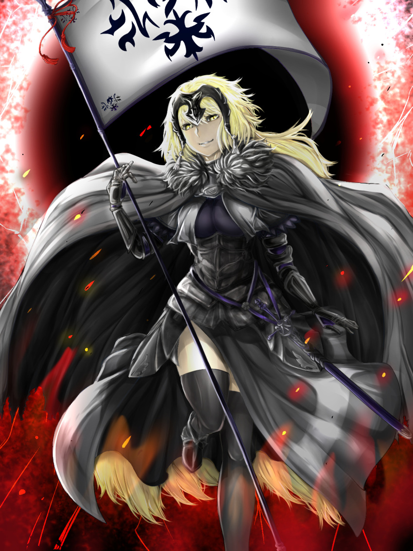 ahoge armor armored_dress bangs black_dress breasts cape chains commentary_request dress eyebrows_visible_through_hair fate/grand_order fate_(series) flag fur-trimmed_cape fur_collar fur_trim gauntlets headpiece highres jeanne_d'arc_(alter)_(fate) jeanne_d'arc_(fate)_(all) pale_skin short_hair silver_hair sword takusan-kita thigh-highs tsurime weapon yellow_eyes