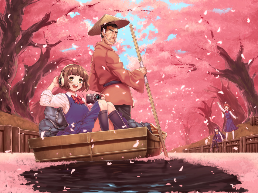 1boy 3girls backpack bag black_hair blue_sky boat brown_eyes brown_hair camera canal cherry_blossoms day dress e90vwggy headphones highres holding holding_camera long_hair long_sleeves multiple_girls nature open_mouth original outdoors petals pinafore_dress river scenery short_hair sitting skirt sky smile tree water watercraft