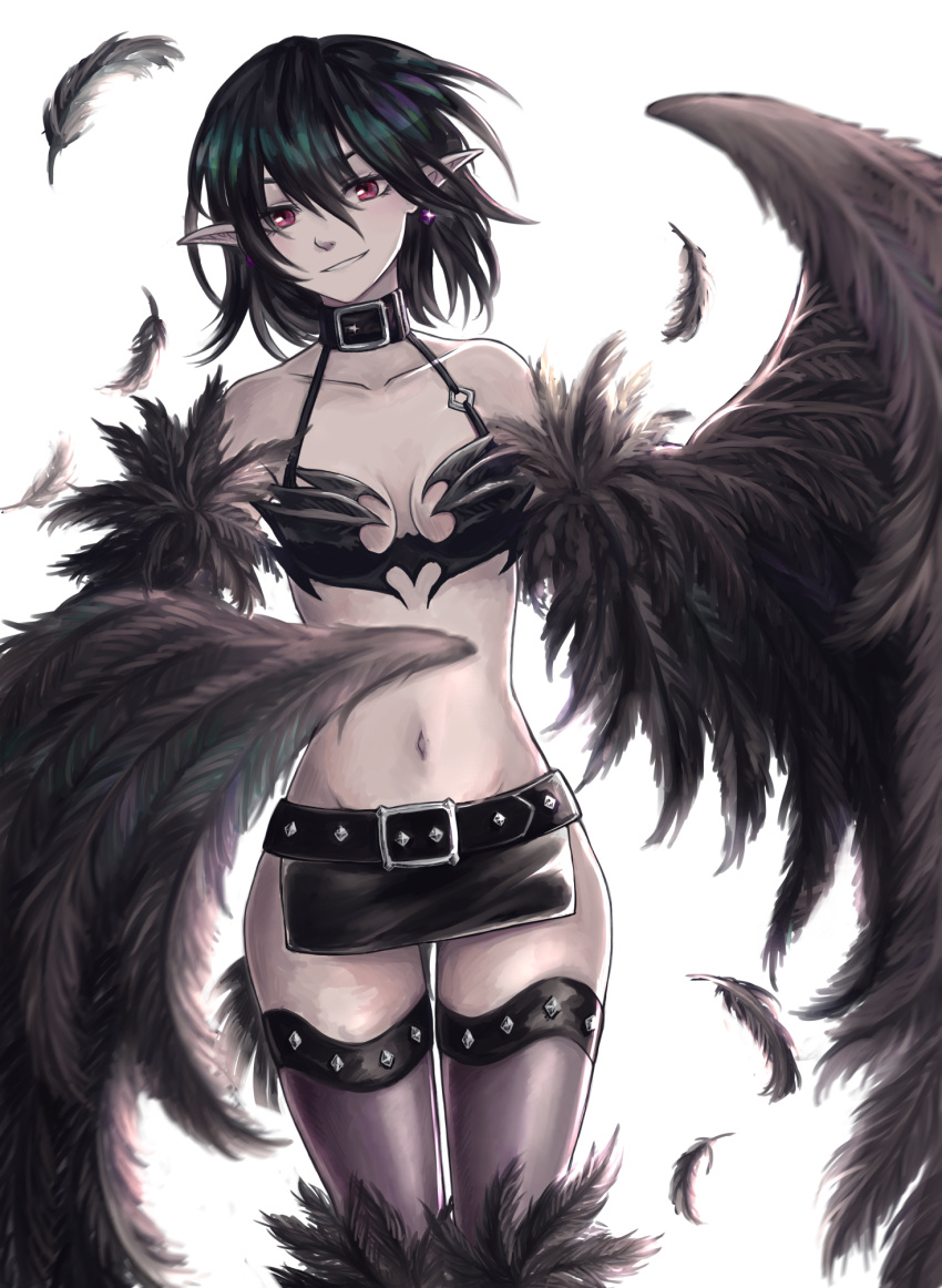 1girl belt black_hair black_harpy black_wings breasts collar collarbone commentary earrings english_commentary feathered_wings feathers groin hair_between_eyes harpy highres jewelry looking_at_viewer medium_breasts microskirt monster_girl monster_girl_encyclopedia navel o-ring parted_lips pointy_ears red_eyes short_hair simple_background skirt smile solo stomach studded_belt thigh-highs white_background winged_arms wings zakirsiz