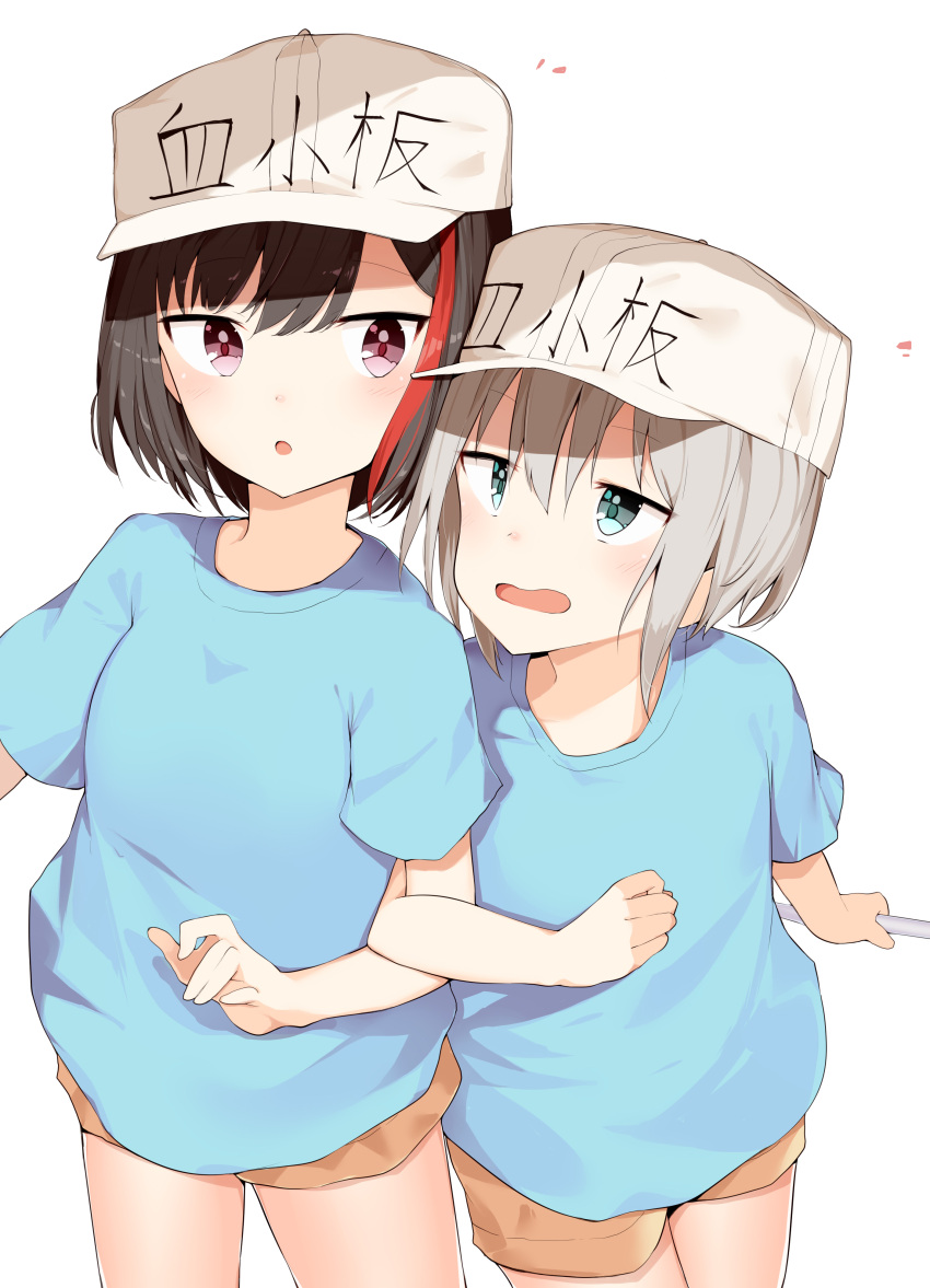 2girls :o absurdres aoba_moca bang_dream! bangs blue_shirt blush brown_hair brown_shorts character_name clothes_writing commentary_request cosplay eyebrows_visible_through_hair flat_cap green_eyes hair_between_eyes hat hataraku_saibou highres kura_ekaki locked_arms mitake_ran multicolored_hair multiple_girls open_mouth parted_lips platelet_(hataraku_saibou) platelet_(hataraku_saibou)_(cosplay) red_eyes redhead shirt short_hair short_shorts short_sleeves shorts simple_background streaked_hair white_background white_hat