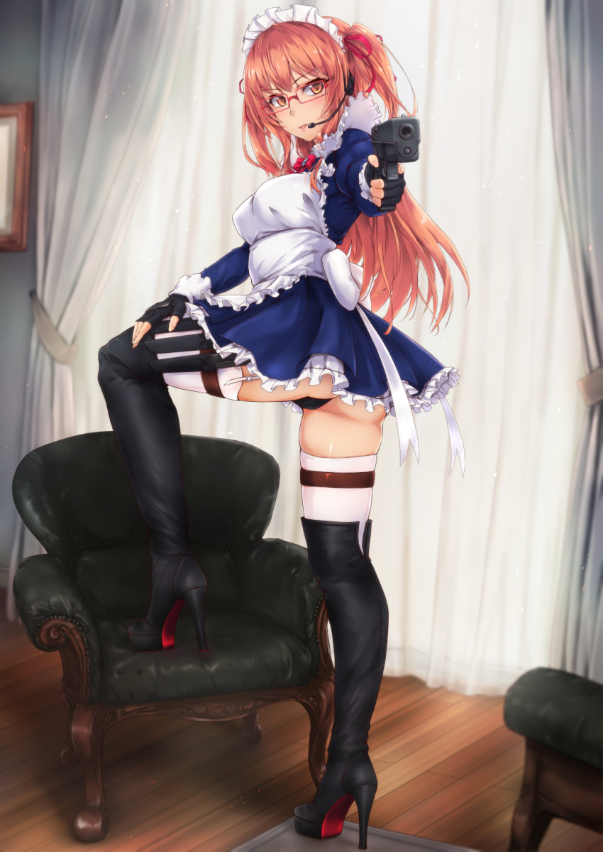 1girl apron ass bangs boots bow bowtie chair commentary_request curtains dress eyebrows_visible_through_hair fingerless_gloves full_body glasses gloves gun handgun headset highres holding holding_weapon holster indoors long_hair long_sleeves looking_at_viewer maid maid_headdress orange_eyes orange_hair original panties parted_lips shiny shiny_skin short_dress solo thigh-highs thigh_boots thigh_holster thighs tori@gununu trigger_discipline underwear weapon white_legwear wooden_floor