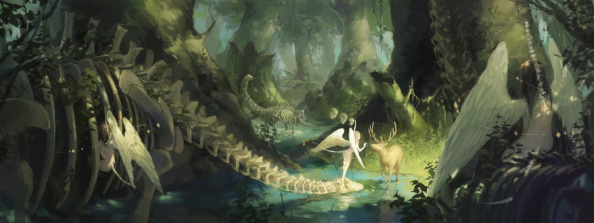 3girls ass barefoot black_hair blonde_hair brown_hair commentary_request day deer facing_away feathered_wings forest highres long_hair multiple_girls nature nude original outdoors sitting skeleton spencer_sais spine standing standing_on_one_leg tree water white_wings wings