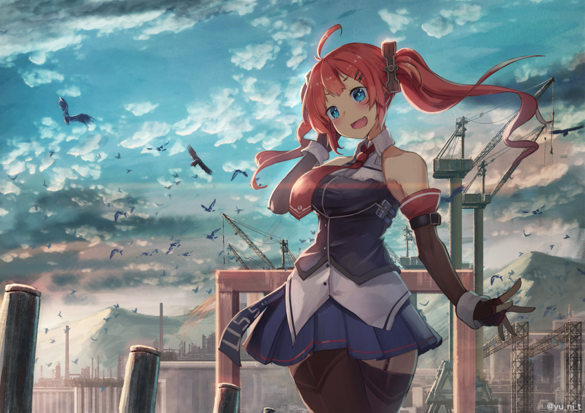 ahoge azur_lane bird blue_eyes blurry blurry_background clouds detached_sleeves hair_ornament hairclip highres looking_at_viewer necktie open_mouth redhead remodel_(azur_lane) san_diego_(azur_lane) sky sleeveless thigh-highs twintails twitter_username yu_ni_t