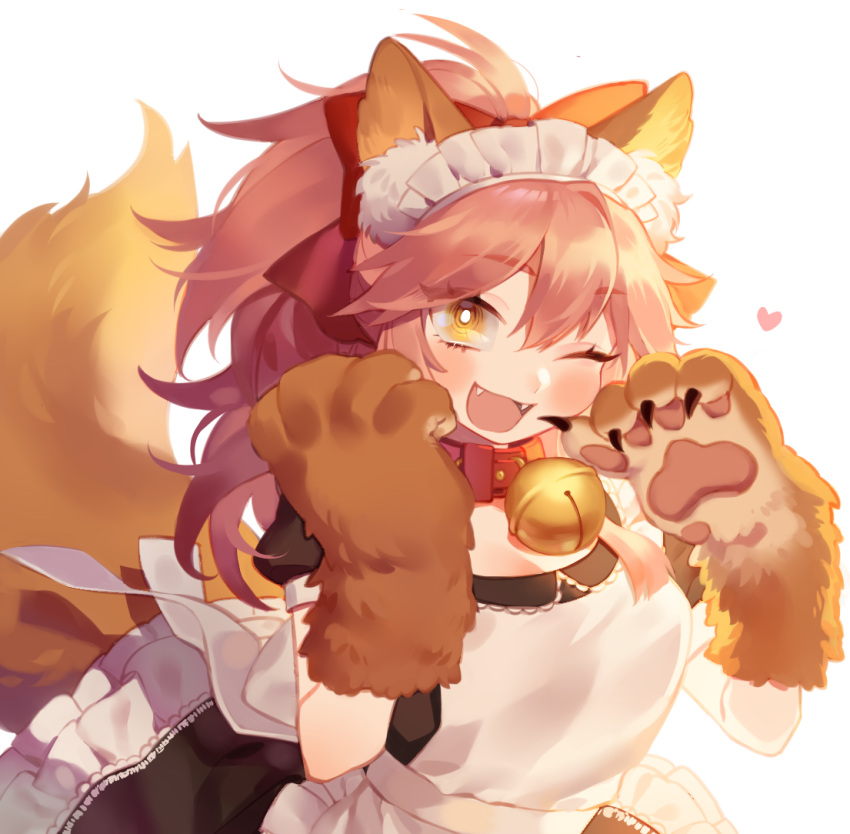alternate_costume animal_ear_fluff animal_ears apron bell bell_collar blush_stickers braid breasts cat_paws cleavage collar enmaided fangs fate/grand_order fate_(series) fox_ears fox_girl fox_tail frills gloves hair_ribbon hairband heart jingle_bell large_breasts long_hair looking_at_viewer maid maid_apron maid_headdress one_eye_closed open_mouth paw_gloves paws pink_hair ponytail puffy_short_sleeves puffy_sleeves red_ribbon ribbon short_sleeves simple_background tail tamamo_(fate)_(all) tamamo_cat_(fate) tnrl12325 uniform waist_apron white_background yellow_eyes