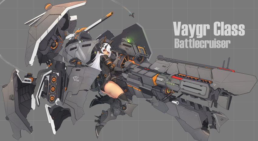 1girl absurdres armored_boots bangs black_legwear boots character_name commentary english_commentary gauntlets grey_background headgear high_heels highres holding holding_weapon homeworld homeworld_2 horns huge_weapon long_hair mecha_musume mechanical_ears mechanical_parts orange_eyes personification solo space_craft syaha thigh-highs vagyr very_long_hair weapon white_hair xandier59