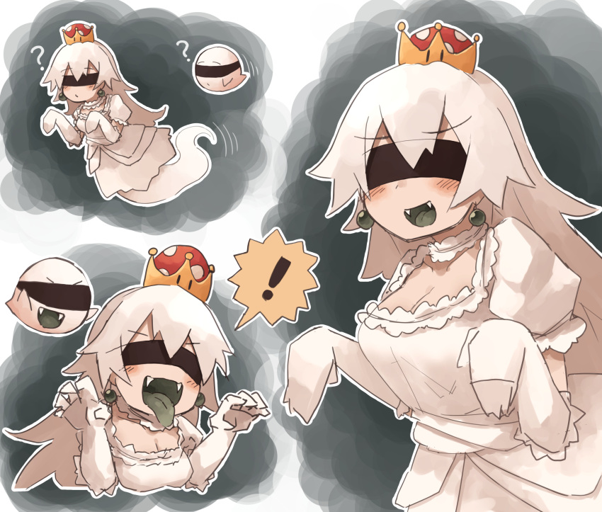 ! 1girl blindfold blush boo breasts cleavage commentary_request dress earrings elbow_gloves fangs ghost ghost_tail gloves green_tongue highres jewelry kaginoni long_hair luigi's_mansion super_mario_bros. multiple_views new_super_mario_bros._u_deluxe nintendo open_mouth princess_king_boo question_mark spoken_exclamation_mark super_crown super_mario_world_2:_yoshi's_island tongue tongue_out white_dress white_hair