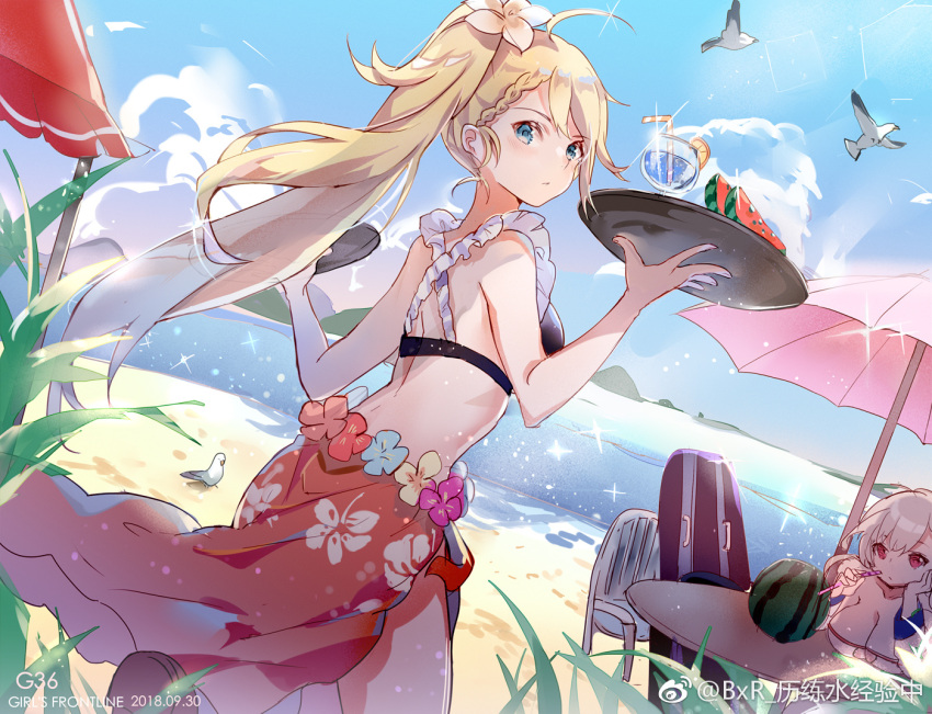 2girls ahoge alternate_costume alternate_hairstyle back bangs bare_shoulders beach bigdoorbig bikini bird blonde_hair blue_eyes blue_sky blush bodyboard braid breasts chair character_name cleavage closed_mouth clouds collarbone cup dated day drinking_straw floating_hair flower food french_braid fruit g36_(girls_frontline) girls_frontline gradient_hair hair_between_eyes hair_flower hair_ornament head_rest holding holding_tray large_breasts lemon lemon_slice long_hair looking_at_viewer maid_bikini medium_breasts multicolored_hair multiple_girls ocean outdoors ponytail red_eyes sand sarong seagull sidelocks silver_hair sky sparkle spas-12_(girls_frontline) swimsuit table thighs tray tropical_drink twintails umbrella very_long_hair water watermelon weibo_username