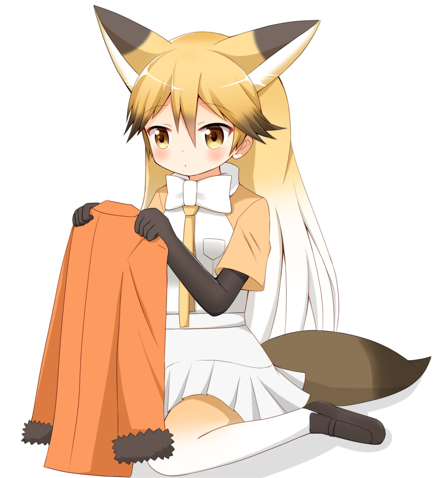1girl animal_ears bangs blonde_hair blush bow bowtie brown_eyes brown_footwear brown_gloves brown_hair brown_legwear closed_mouth collared_shirt commentary_request elbow_gloves eyebrows_visible_through_hair ezo_red_fox_(kemono_friends) fox_ears fox_girl fox_tail full_body fur-trimmed_sleeves fur_trim gloves gradient_hair gradient_legwear hair_between_eyes highres holding holding_jacket jacket kemono_friends loafers long_hair long_sleeves multicolored_hair orange_jacket pantyhose pleated_skirt shin01571 shirt shoes short_sleeves simple_background sitting skirt solo tail very_long_hair wariza white_background white_hair white_legwear white_neckwear white_shirt white_skirt