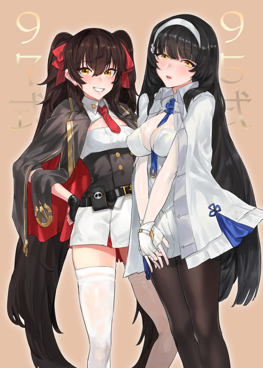 2girls absurdres bangs belt between_breasts black_gloves blue_neckwear blunt_bangs breasts brown_hair brown_legwear cape character_request cleavage_cutout collared_shirt eyebrows_visible_through_hair fingerless_gloves girls_frontline gloves grey_cape hairband hand_on_hip highres light_brown_eyes long_hair looking_at_viewer medium_breasts multiple_girls necktie necktie_between_breasts pantyhose parted_lips pleated_skirt pouch qbz-95_(girls_frontline) qbz-97_(girls_frontline) red_neckwear shirt skindentation skirt small_breasts smile standing standing_on_one_leg suisogenshi thigh-highs twintails underbust very_long_hair white_gloves white_hairband white_legwear white_skirt wing_collar zettai_ryouiki