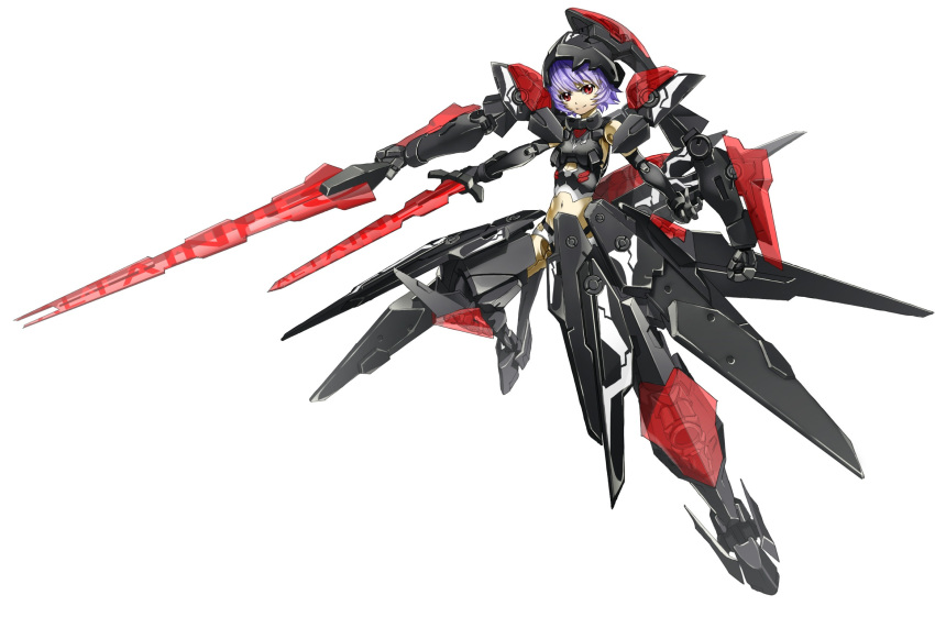 1girl altines blue_eyes breasts busou_shinki doll_joints highres mecha_musume midriff misenouchi navel purple_hair red_eyes short_hair small_breasts smile solo sword weapon white_background
