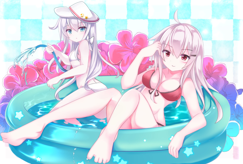 alternate_costume barefoot bikini blue_eyes blush breasts closed_mouth eyebrows_visible_through_hair facial_scar fathom flower gangut_(kantai_collection) grey_hair hat hibiki_(kantai_collection) highres hose kantai_collection large_breasts long_hair looking_at_viewer open_mouth pool red_bikini red_eyes sailor_hat scar scar_on_cheek silver_hair small_breasts smile star swimsuit verniy_(kantai_collection) white_bikini