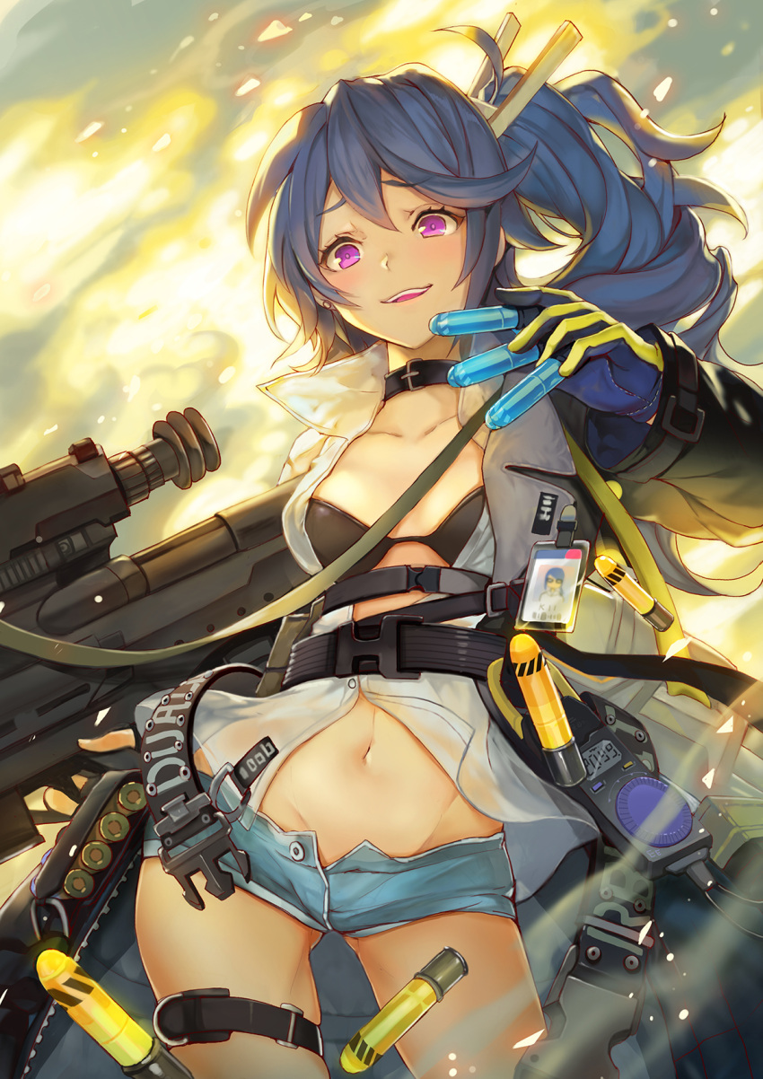 1girl assault_rifle bangs bikini black_bikini blue_hair blue_shorts blush breasts character_name clothes_pin coat collarbone collared_shirt cooler cowboy_shot daewoo_k11 dropping explosion explosive eyebrows_visible_through_hair fire girls_frontline gloves grenade grey_coat groin gun hair_between_eyes highres holding holding_grenade holding_gun holding_weapon jewelry k11_(girls_frontline) leather_choker long_hair long_shirt looking_at_viewer medium_breasts messy_hair multimeter multiple_straps name_tag navel open_clothes open_coat open_mouth rifle see-through shirt short_shorts shorts sibyl side_ponytail sidelocks skindentation smile snap-fit_buckle solo stomach swimsuit thigh_strap thighs trench_coat unbuttoned_pants violet_eyes weapon white_shirt