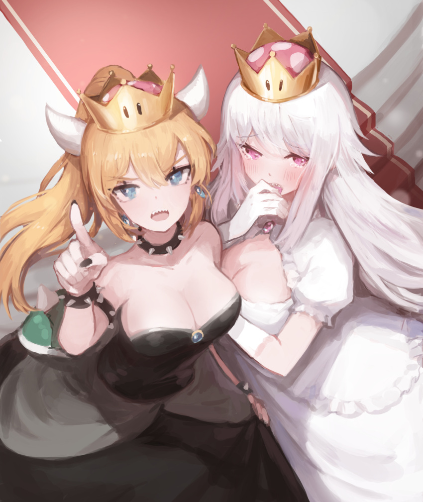 2girls armlet bare_shoulders black_collar black_dress black_nails blonde_hair blue_earrings blue_eyes blush bowsette bracelet collar crown dress earrings eyebrows_visible_through_hair frilled_dress frills gloves highres horns jewelry long_hair luigi's_mansion super_mario_bros. multiple_girls nail_polish new_super_mario_bros._u_deluxe nintendo open_mouth pink_eyes pn_pixi pointing pointing_up ponytail princess_king_boo puffy_short_sleeves puffy_sleeves red_carpet sharp_teeth short_sleeves spiked_armlet spiked_bracelet spiked_collar spiked_shell spikes strapless strapless_dress super_crown super_mario_bros. teeth turtle_shell white_dress white_gloves white_hair