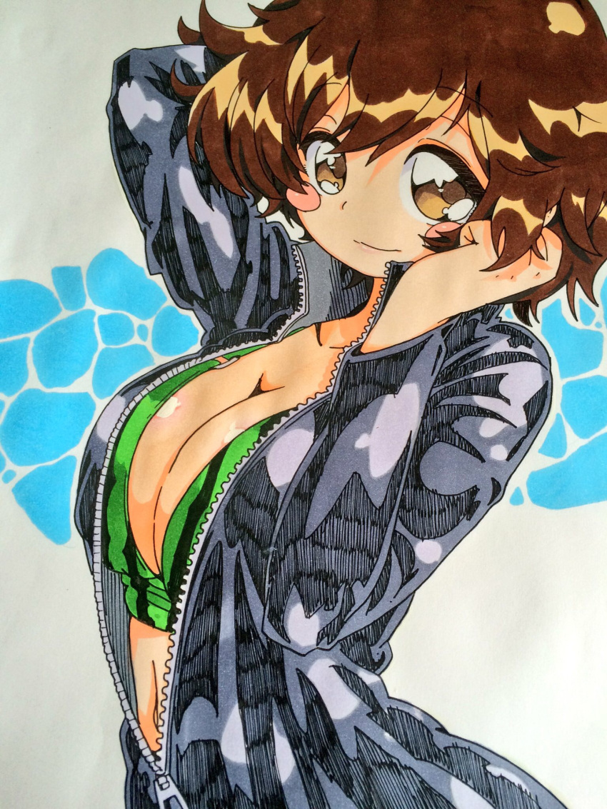 1girl akiyama_yukari arm_behind_head bangs black_bodysuit blush_stickers bodysuit bra breasts brown_eyes brown_hair camouflage camouflage_bra cleavage closed_mouth commentary eyebrows_visible_through_hair fanta_(the_banana_pistols) girls_und_panzer green_bra hands_in_hair highres long_sleeves looking_at_viewer medium_breasts messy_hair navel short_hair smile solo standing traditional_media underwear unzipped upper_body zipper zipper_pull_tab