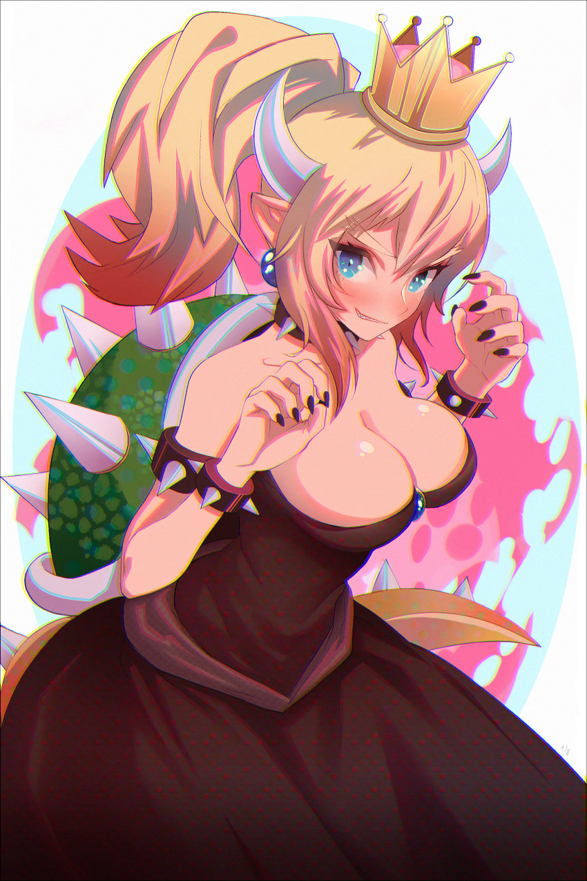 1girl absurdres aqua_eyes bangs black_dress black_nails blonde_hair blue_earrings bowsette bracelet breasts chromatic_aberration chromatic_aberration_abuse cleavage collar dress fingernails grin hair_between_eyes hands_up highres horns huge_filesize jewelry kraitzz large_breasts long_ponytail looking_at_viewer super_mario_bros. nail_polish new_super_mario_bros._u_deluxe nintendo pointy_ears reflective_eyes sharp_fingernails sharp_teeth shiny shiny_skin short_hair sidelocks smile solo spiked_bracelet spiked_collar spiked_shell spiked_tail spikes star star_in_eye strapless strapless_dress symbol_in_eye teeth