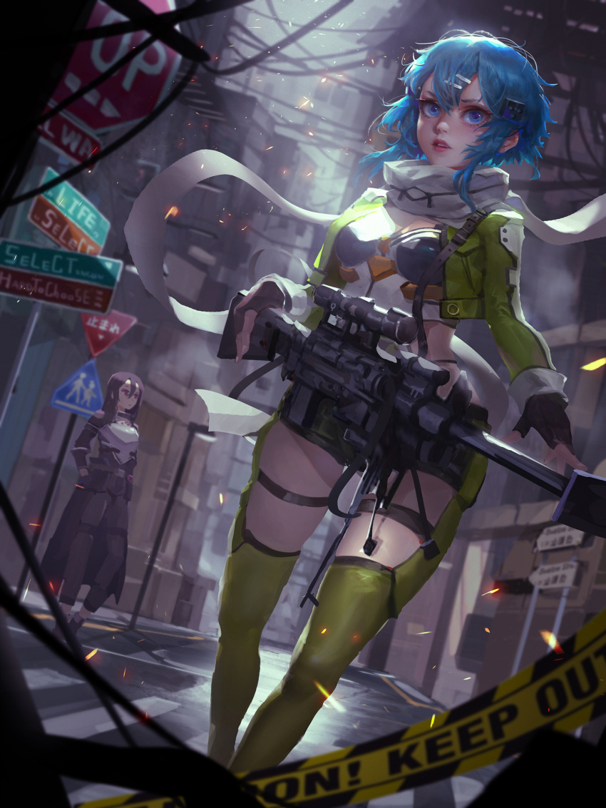 1boy 1girl anti-materiel_rifle aqua_eyes black_hair black_shorts blue_eyes breastplate breasts commentary_request crow_tian fingerless_gloves gloves gun hair_ornament hairclip highres kirito kirito_(sao-ggo) lips long_hair looking_at_viewer medium_breasts parted_lips rifle scarf shiny shiny_hair short_hair short_hair_with_long_locks short_shorts shorts sinon sniper_rifle standing sword_art_online teeth weapon