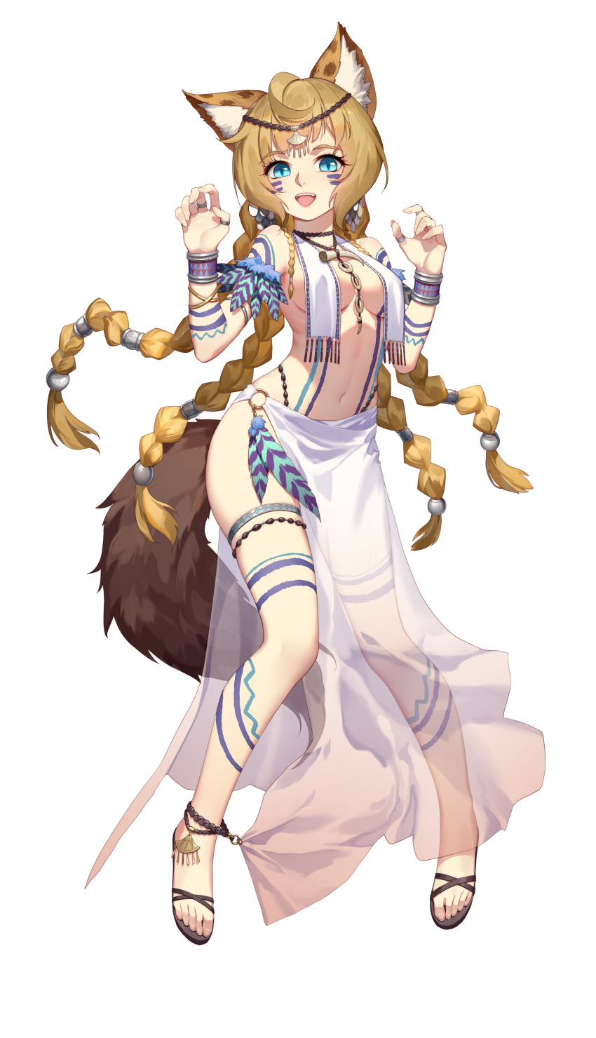 1girl absurdres animal_ears armlet blue_eyes bracelet breasts brown_hair daye_bie_qia_lian dress fang_necklace feathers full_body hair_ornament head_chain highres jewelry long_hair looking_at_viewer navel necklace pelvic_curtain quad_braids ring romantic_saga_of_beauty_&amp;_devil slit_pupils smile solo standing thighlet very_long_hair white_dress