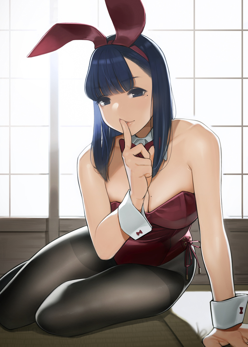 1girl animal_ears backlighting bangs bare_shoulders blue_eyes blue_hair blush bow bowtie breasts cleavage collarbone detached_collar finger_to_mouth highres hips index_finger_raised large_breasts leotard long_hair looking_at_viewer mole mole_under_eye original pantyhose parted_lips rabbit_ears red_leotard red_neckwear shushing smile solo thighs wrist_cuffs yomu_(sgt_epper)