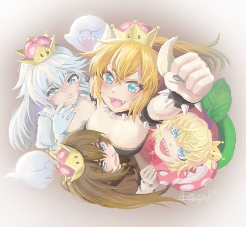 4girls alternate_eye_color aqua_eyes artist_request bangs black_dress black_nails blonde_hair blue_eyes boo bow bowsette bowtie brooch brown_background brown_dress brown_hair brown_neckwear choker clenched_teeth collar commentary_request crying crying_with_eyes_open dress embarrassed fangs fingernails from_above gloves goomba gradient gradient_background graphite_(medium) hair_between_eyes hand_on_another's_arm happy horns hug jewelry long_ponytail looking_at_viewer super_mario_bros. messy_hair multiple_girls nail_polish nervous new_super_mario_bros._u_deluxe nintendo open_mouth pink_dress pink_neckwear piranha_plant princess_king_boo puffy_short_sleeves puffy_sleeves raised_fist sharp_fingernails sharp_teeth short_hair short_sleeves sidelocks smile spiked_collar spikes strapless strapless_dress super_crown teardrop tears teeth traditional_media wavy_mouth white_background white_choker white_dress white_gloves white_hair