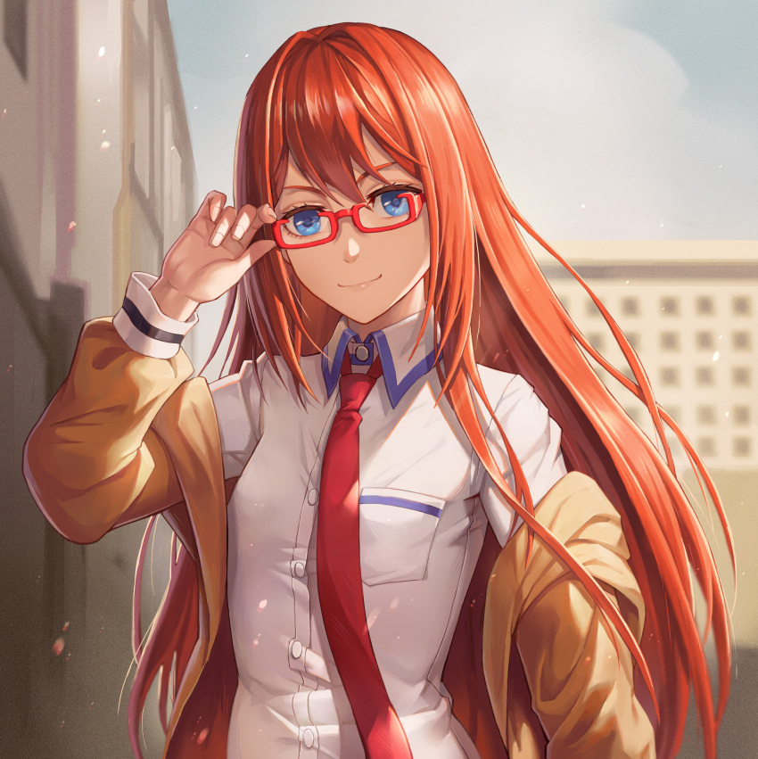 1girl absurdres adjusting_eyewear arm_up bangs bespectacled blue_eyes blurry blurry_background breast_pocket brown_jacket closed_mouth collared_shirt commentary_request depth_of_field dress_shirt fingernails glasses highres jacket long_hair long_sleeves looking_at_viewer makise_kurisu mool_yueguang necktie off_shoulder open_clothes open_jacket outdoors pink_lips pocket red-framed_eyewear red_neckwear redhead semi-rimless_eyewear shiny shiny_hair shirt smile solo steins;gate straight_hair town under-rim_eyewear upper_body very_long_hair white_shirt wing_collar