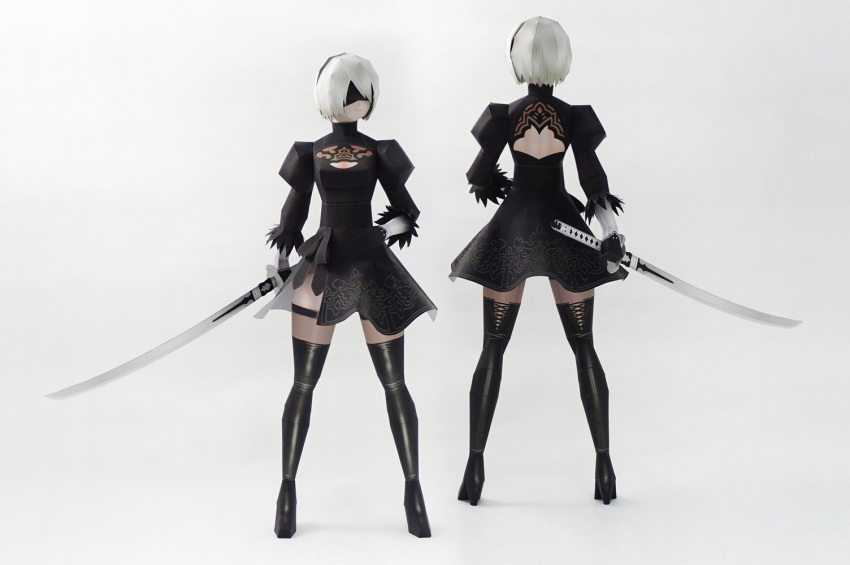 1girl back_cutout black_blindfold black_dress black_hairband black_legwear blindfold boots cleavage_cutout dress hairband high_heels holding holding_sword holding_weapon juliet_sleeves long_sleeves mole mole_under_mouth multiple_views muumin_(muumin_craft) nier_(series) nier_automata papercraft photo puffy_sleeves shadow silver_hair solo sword thigh-highs thigh_boots weapon white_background yorha_no._2_type_b zettai_ryouiki