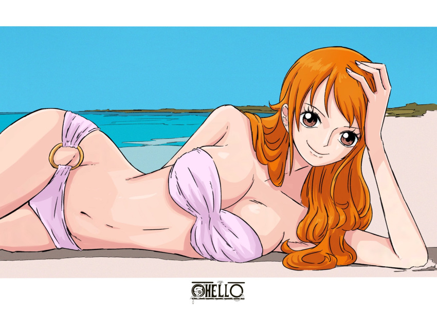 1girl arm_behind_back arm_support beach bikini breasts brown_eyes cleavage head_rest highres hips large_breasts long_hair looking_at_viewer lying nami_(one_piece) navel o-ring o-ring_bikini o-ring_bottom ocean on_side one_piece orange_hair sherumaru_(korcht06) sky smile solo source_request swimsuit white_bikini white_swimsuit