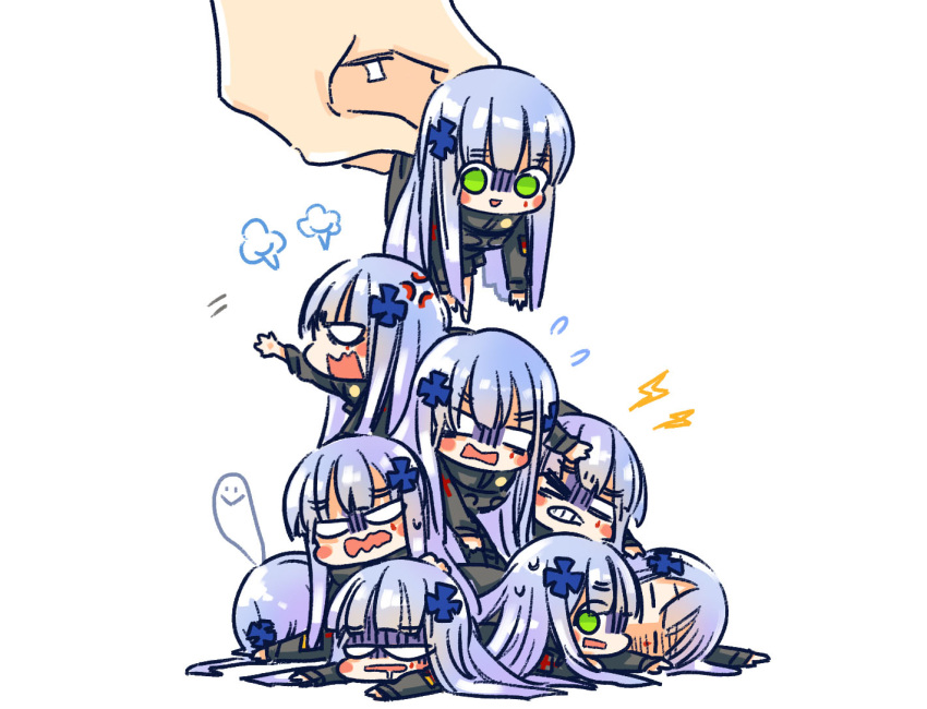 &gt;_o 1other 6+girls black_jacket blank_eyes blue_hair blush_stickers chibi clenched_teeth closed_eyes cross cross_hair_ornament dogpile faceplant flying_sweatdrops girls_frontline giving_up_the_ghost green_eyes hair_ornament half-closed_eyes hk416_(girls'_frontline) iron_cross jacket lightning_bolt_symbol long_hair looking_at_another mini_person minigirl multiple_girls on_floor one_eye_closed open_mouth outstretched_arm picking_up puff_of_air shaded_face simple_background square_mouth su_xiao_jei teardrop_facial_mark teeth v-shaped_eyebrows wavy_mouth white_background