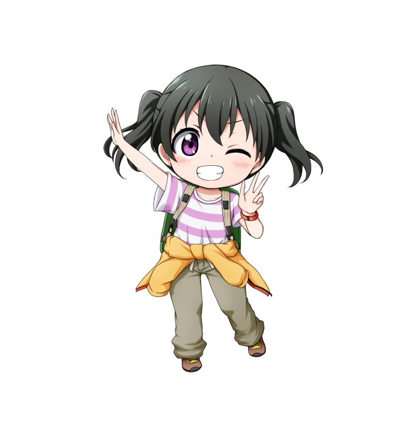 1girl arm_up backpack bag bangs black_hair blush boots brown_footwear brown_pants chibi clothes_around_waist collarbone eyebrows_visible_through_hair grin hair_between_eyes hand_up highres jacket jacket_around_waist kuena kuraue_hinata long_hair looking_at_viewer one_eye_closed pants shirt short_sleeves sidelocks simple_background smile solo striped striped_shirt twintails violet_eyes w white_background wide_sleeves yama_no_susume yellow_jacket