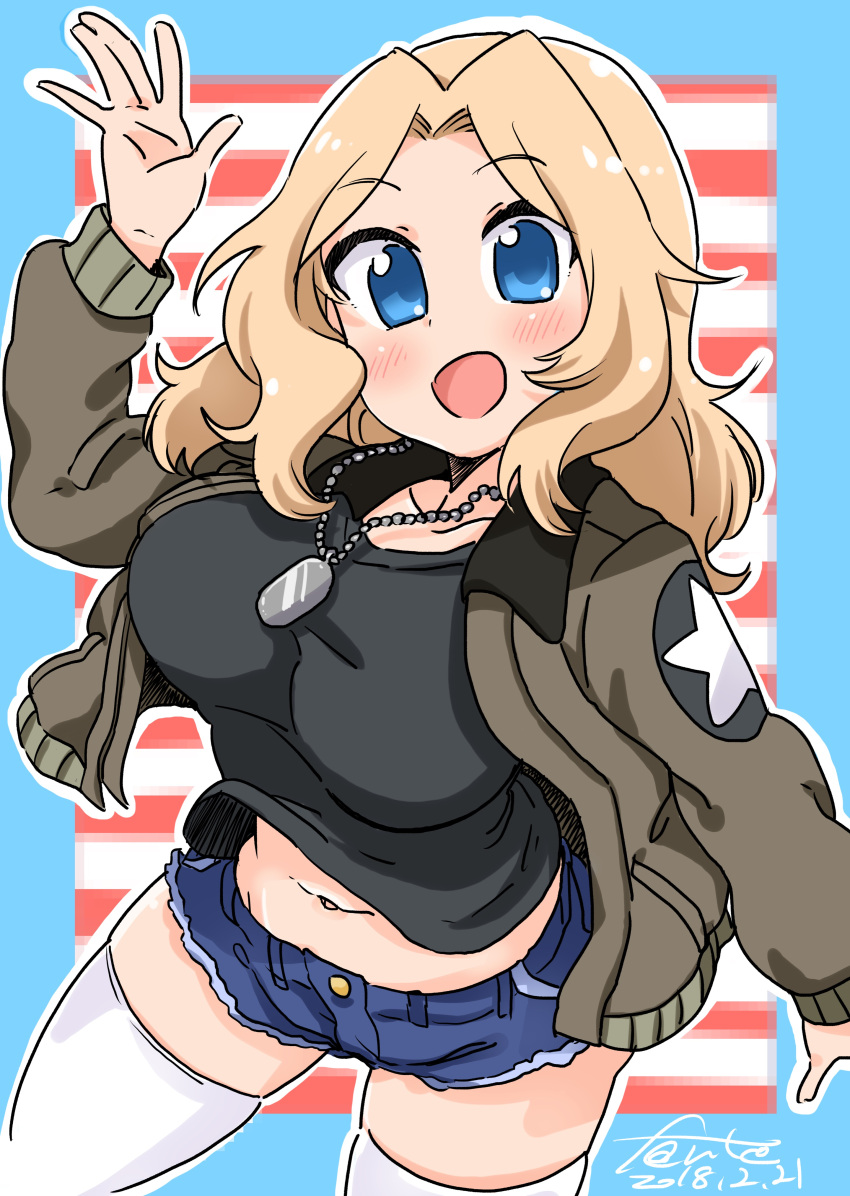 1girl :d absurdres artist_name black_shirt blonde_hair blue_eyes blue_shorts bouncing_breasts breasts brown_jacket commentary cowboy_shot cutoffs dated denim denim_shorts dog_tags emblem eyebrows_visible_through_hair fanta_(the_banana_pistols) girls_und_panzer hair_intakes highres jacket kay_(girls_und_panzer) long_hair long_sleeves looking_at_viewer medium_breasts midriff military military_uniform navel open_mouth saunders_military_uniform shirt short_shorts shorts signature skindentation smile solo standing star striped striped_background thigh-highs uniform waving white_legwear