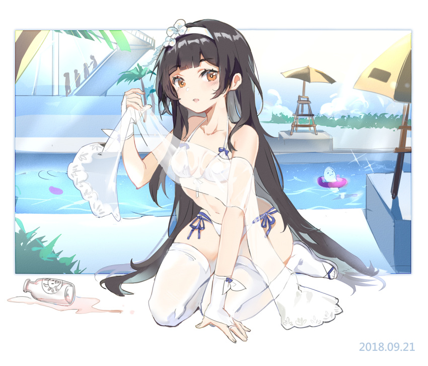 1girl alternate_costume bangs bikini black_hair blue_sky blush bottle breasts bridal_gauntlets bxr cleavage clouds dated day eyebrows_visible_through_hair flower girls_frontline gloves hair_flower hair_ornament hairband halter_top halterneck kneeling large_breasts leaning_forward long_hair looking_at_viewer navel open_mouth outdoors outside_border poolside qbz-95_(girls_frontline) sandals shawl side-tie_bikini sidelocks sky smile solo spill stomach swimsuit thigh-highs umbrella very_long_hair water white_bikini white_footwear white_gloves white_hairband white_legwear yellow_eyes