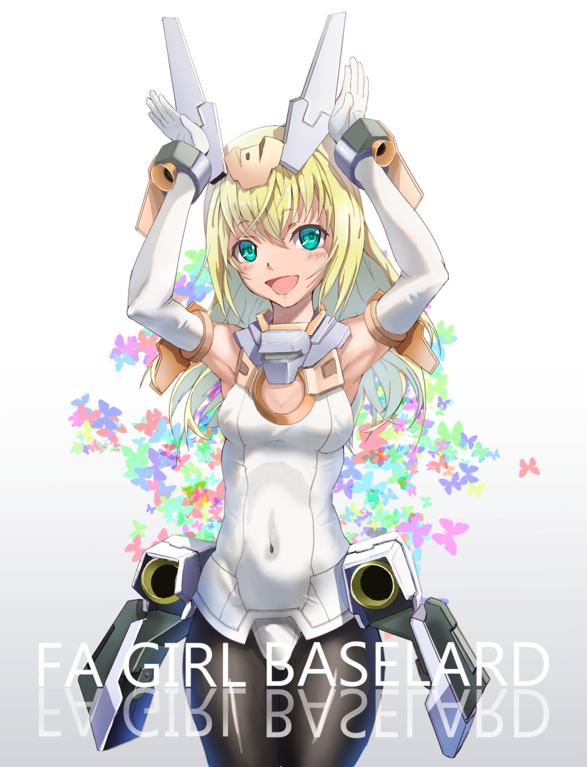 1girl animal_print armpits arms_up baselard blonde_hair blue_eyes bodysuit breasts bunny_pose butterfly_print character_name cleavage copyright_name covered_navel frame_arms_girl highres long_hair mecha_musume medium_breasts misenouchi pantyhose smile solo white_background