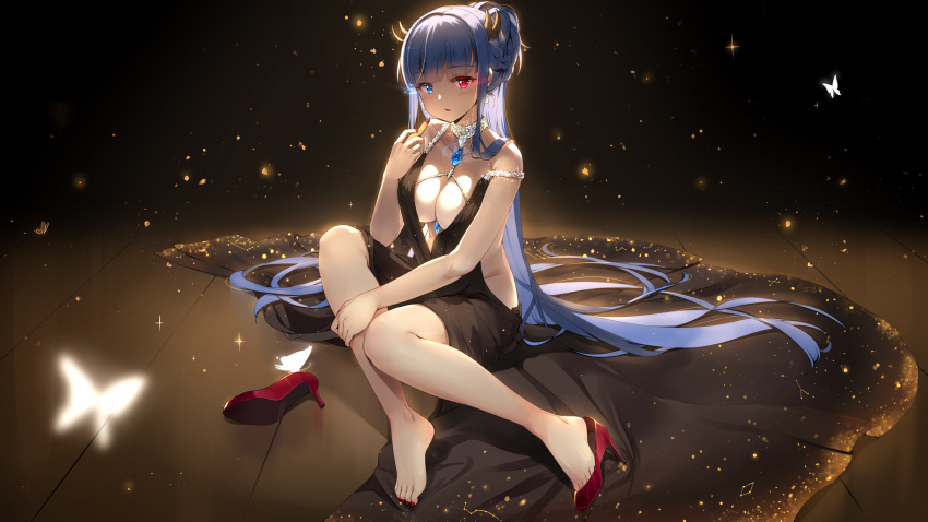 1girl absurdres alternate_costume alternate_hairstyle applying_makeup azur_lane backless_dress backless_outfit bangs between_breasts black_dress blue_eyes blue_hair blush braid breasts bug butterfly cleavage collarbone diamond dress earrings eyebrows_visible_through_hair french_braid glowing glowing_eyes hair_up heterochromia high_heels highres holding_lipstick horns ibuki_(azur_lane) insect jewelry large_breasts light_particles long_hair looking_at_viewer maya_g nail_polish necklace open_mouth ponytail red_eyes red_footwear red_lips red_nails sapphire_(stone) shoe_removed shoes sideboob sidelocks signature single_shoe sitting solo sparkle strap_slip symbol_commentary very_long_hair