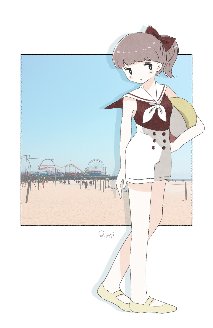 1girl absurdres ball bangs beach beachball blue_sky blunt_bangs border breasts brown_hair day ferris_wheel full_body highres holding holding_ball holding_beachball medium_hair noeru_(noellemonade) original parted_lips photo_background ponytail roller_coaster sailor_collar sand shorts sky sleeveless small_breasts solo walking white_border yellow_footwear