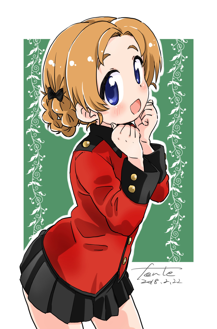 1girl :d absurdres artist_name black_bow black_skirt blue_eyes blush bow clenched_hands commentary cowboy_shot dated epaulettes fanta_(the_banana_pistols) girls_und_panzer green_background hair_bow highres jacket laurels leaning_forward long_sleeves looking_at_viewer military military_uniform miniskirt open_mouth orange_hair orange_pekoe outside_border pleated_skirt red_jacket short_hair signature skirt smile solo st._gloriana's_military_uniform standing tied_hair uniform