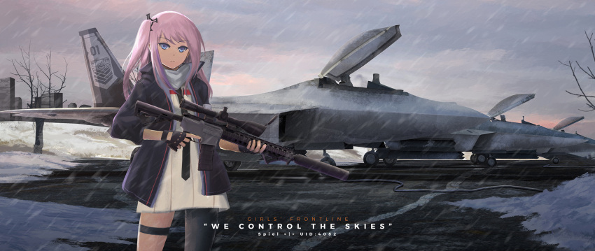 1girl aircraft airplane black_gloves blue_eyes closed_mouth copyright_name day english eyebrows_visible_through_hair fingerless_gloves girls_frontline gloves gun highres holding holding_gun holding_weapon long_hair looking_at_viewer outdoors persocon93 pink_hair side_ponytail snow snowing solo st_ar-15_(girls_frontline) standing tree weapon