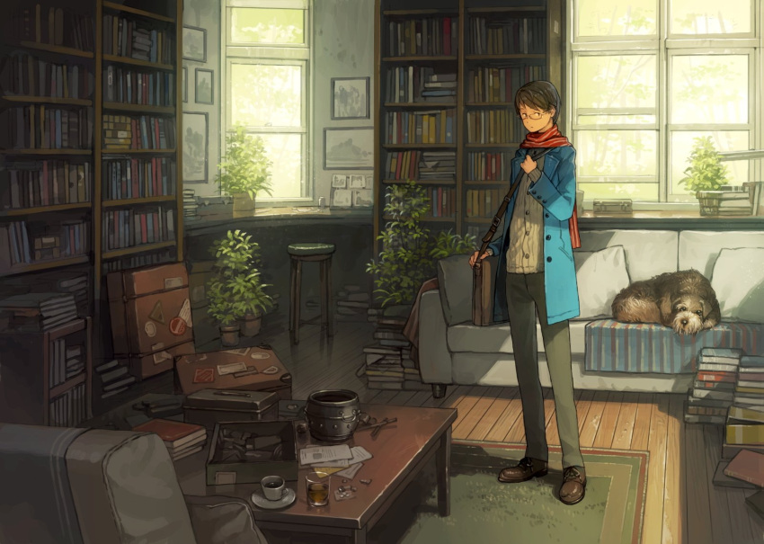 1boy animal bag blue_coat book_stack bookshelf brown_footwear brown_hair coat coffee_mug couch cup day dog eyebrows_visible_through_hair glasses handbag highres indoors looking_at_viewer mug original painting_(object) plant plate potted_plant scarf scenery shoes short_hair solo stool suitcase table toolbox window yoshida_seiji