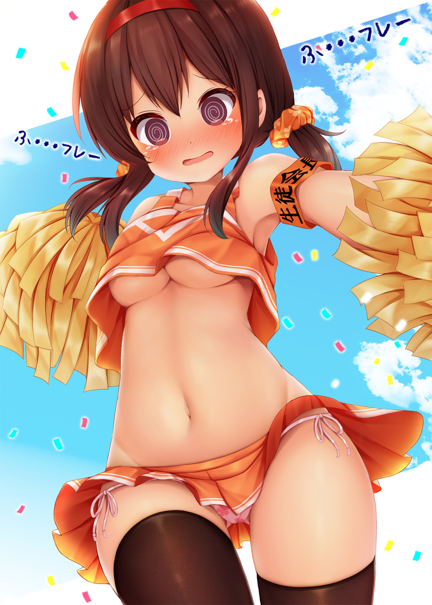 1girl @_@ armband bare_shoulders black_legwear blue_sky blush breasts brown_eyes brown_hair clouds commentary_request confetti crop_top day dutch_angle gluteal_fold hair_ornament hair_scrunchie hairband highres holding long_hair low_twintails medium_breasts microskirt midriff minato_(ojitan_gozaru) navel nose_blush orange_scrunchie orange_skirt orange_tank_top original panties parted_lips pink_panties pleated_skirt pom_poms red_hairband revision scrunchie side-tie_panties skirt sky solo stomach tank_top thigh-highs thighs translated twintails under_boob underwear