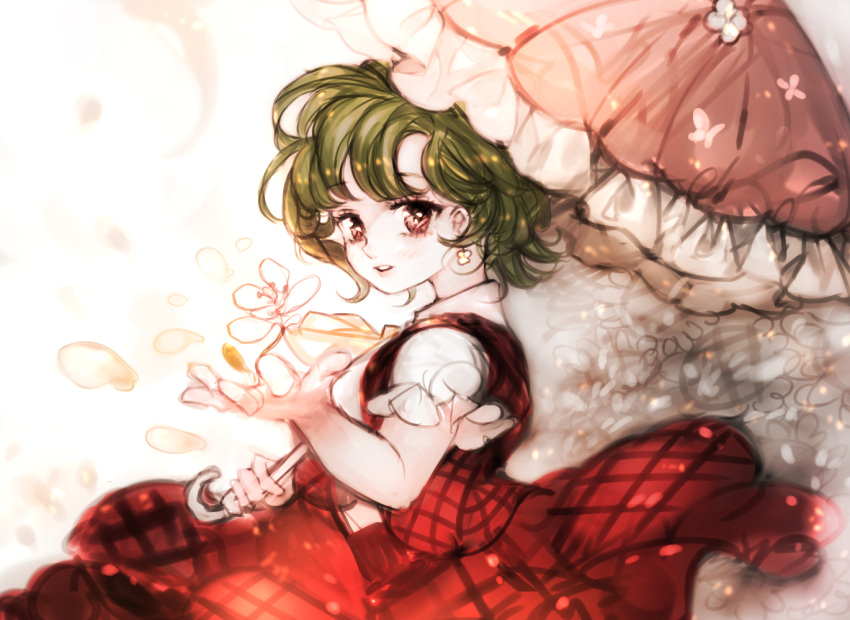 abstract_background dress earrings green_hair holding holding_umbrella jewelry kazami_yuuka majamari open_mouth outstretched_hand parasol petals red_dress red_eyes short_hair sketch touhou umbrella wind