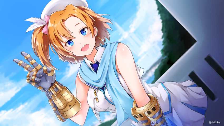 1girl beret blue_eyes blue_scarf blue_sky blush bow breasts crossover dutch_angle earrings gauntlets hair_bow hair_flip hat highres jewelry kousaka_honoka league_of_legends looking_at_viewer love_live! love_live!_school_idol_project medium_breasts one_side_up open_mouth orange_hair pink_bow rizihike scarf school_uniform skirt sky sleeveless smile solo v vi_(league_of_legends) white_skirt